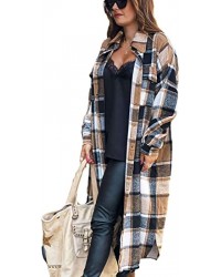 Brown Women's Double Breasted Long Plaid Wool Blend Pea Coat Outerwear