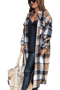 Brown Women's Double Breasted Long Plaid Wool Blend Pea Coat Outerwear