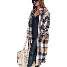 Brown Women's Double Breasted Long Plaid Wool Blend Pea Coat Outerwear