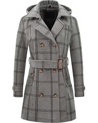 Grey Plaid Women's Double Breasted Pea Coat Hooded Long Winter Trench Coat