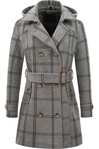 Grey Plaid Women's Double Breasted Pea Coat Hooded Long Winter Trench Coat