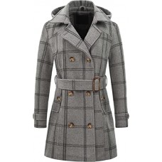 Grey Plaid Women's Double Breasted Pea Coat Hooded Long Winter Trench Coat