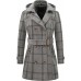 Grey Plaid Women's Double Breasted Pea Coat Hooded Long Winter Trench Coat