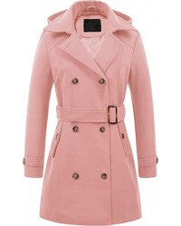 Pink Plaid Women's Double Breasted Pea Coat Hooded Long Winter Trench Coat