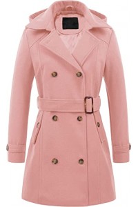 Pink Plaid Women's Double Breasted Pea Coat Hooded Long Winter Trench Coat