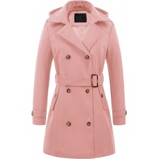 Pink Plaid Women's Double Breasted Pea Coat Hooded Long Winter Trench Coat