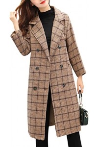 Khaki Women's Double Breasted Long Plaid Wool Blend Pea Coat Outerwear