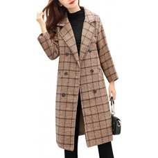 Khaki Women's Double Breasted Long Plaid Wool Blend Pea Coat Outerwear