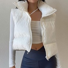 White Women's Winter Crop Vest Lightweight Sleeveless Warm Outerwear Puffer Vest Padded Gilet